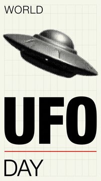 World UFO Day Celebration with Flying Saucer Illustration.