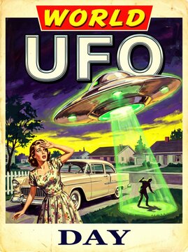World UFO Day Retro Sci-Fi Illustration with Flying Saucer Abducting Person.