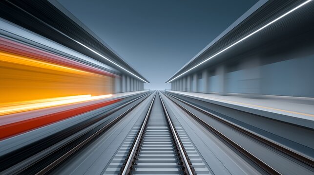 High-speed train approaching a modern railway station with blurred motion effect, showcasing parallel tracks and sleek architectural design in a minimalist setting