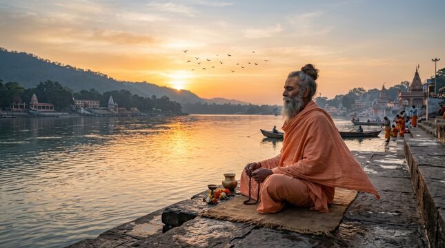 Sadhu meditating on the banks of the ganges river at sunrise in rishikesh