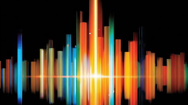 Vibrant multicolored vertical bars glow brightly against a stark black background resembling an equalizer display