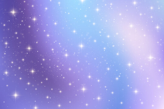 Cosmic galaxy backdrop with violet gradient and celestial sparkle. Dreamy twilight scene featuring astrology constellation, glowing stars and colorful stardust for magical design. Vector