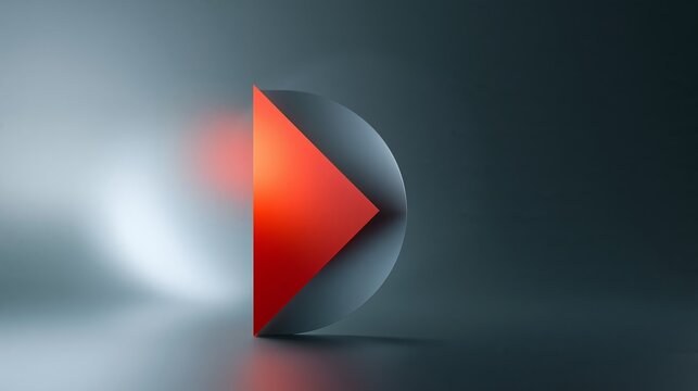 Abstract geometric design featuring a three-dimensional red play button shape integrated with a gray circular form on a dark gradient background