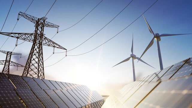 Renewable power production concept. Photovoltaic solar panels and wind turbines in power plant.