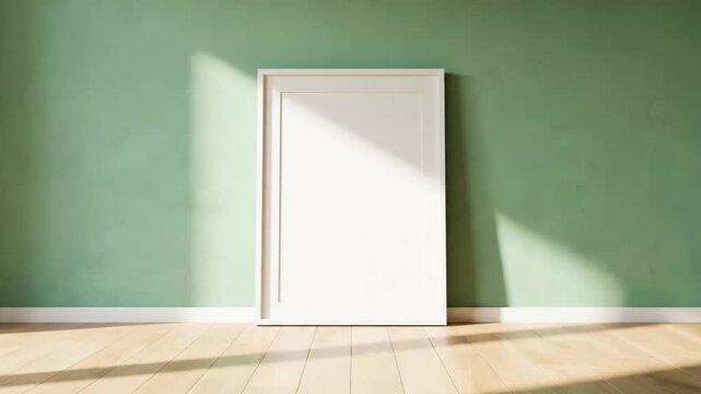 A white door in a green room with sunlight casting shadows on the floor.