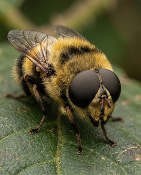 Macro portrait of fluffy adult bot fly resting on green leaf
