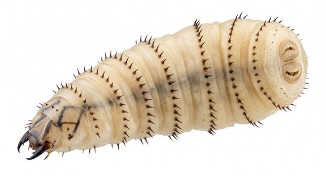 Isolated bot fly maggot showing backward facing spines on white background