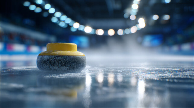 Bright yellow curling stone gliding across frosty ice in professional sports photography, featuring dramatic lighting, soft bokeh background, and clean copy space for winter athletic promotions.