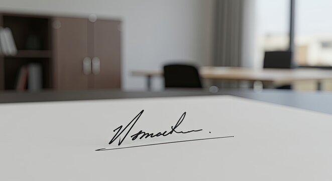Assinatura em um documento em um ambiente de escrit&oacute;rio bem iluminado com foco seletivo.