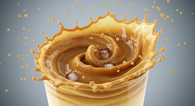 Salpico din&acirc;mico de caf&eacute; com cubos de gelo sobre um fundo suave.