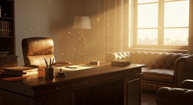 Interior de escrit&oacute;rio elegante com mesa, poltrona de couro e muita luz natural.