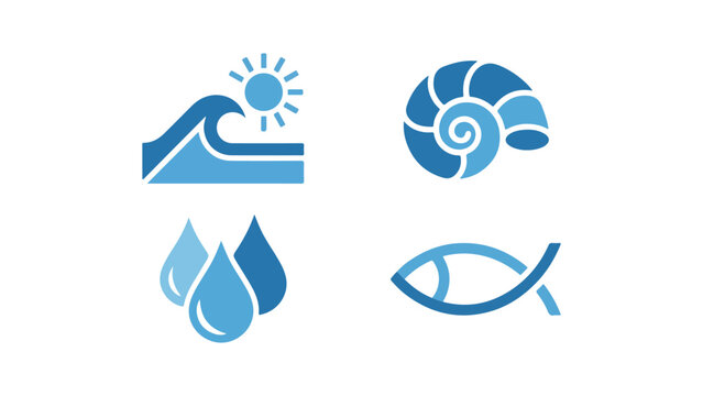 Set of simple blue ocean and marine life icons featuring a wave with sun a seashell water drops and a fish symbol for summer and nature design projects