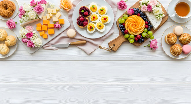 Tea party spread: A beautifully arranged tea party spread featuring an assortment of savory and sweet delights, including cheese cubes, deviled eggs, fresh fruit, pastries, and a warm cup of tea.