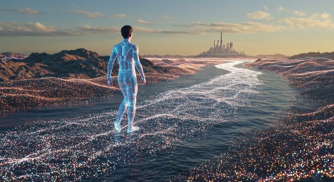 Humano digital caminhando em dire&ccedil;&atilde;o a uma paisagem urbana futurista em um cen&aacute;rio surreal.