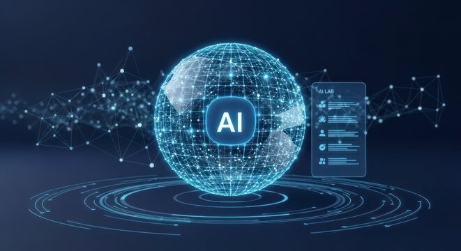 Ilustra&ccedil;&atilde;o conceitual de intelig&ecirc;ncia artificial, globo digital e visualiza&ccedil;&atilde;o de dados.