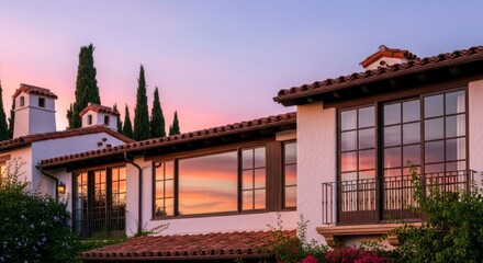 Obraz premium Arquitetura elegante com grandes janelas e vista para o pôr do sol.