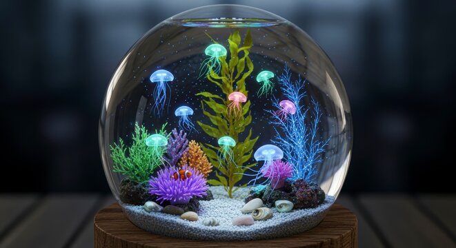 Aqu&aacute;rio decorativo em forma de esfera de vidro com exibi&ccedil;&atilde;o de &aacute;guas-vivas coloridas e iluminadas.