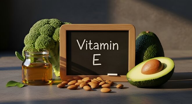 Vitamin E rich foods including broccoli, avocado, almonds, and oil