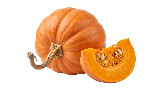 Fresh orange pumpkin and a cut slice with seeds isolated on transparent background