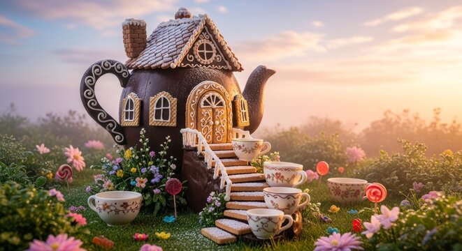 Casa de bule de ch&aacute; fant&aacute;stica com x&iacute;caras de ch&aacute; em um cen&aacute;rio de jardim florido de sonho.