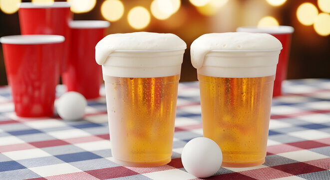 Beer Pong Setup: A close-up shot of a beer pong table featuring two plastic cups filled with beer and foam, with red plastic cups and ping pong balls scattered in the background.