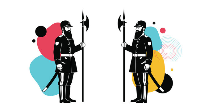 Two illustrated guards in traditional uniforms holding long halberds against a background of abstract colorful shapes create a fantasy mood.