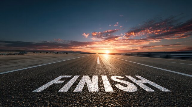 The Finish Line Beckons: An asphalt road stretches towards a dramatic sunset, the word FINISH boldly painted on its surface, symbolizing the end of a journey and the beginning of a new horizon.