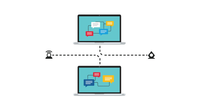 Concept of remote communication and digital networking showing two laptops connected by dashed lines with speech bubbles on screens.
