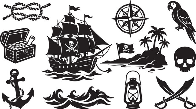 Pirate Symbols and Objects Illustration Set Black White