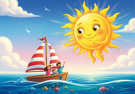 A cheerful sun shines brightly over a vibrant ocean scene with a red and white striped sailboat