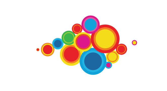 Abstract artistic composition of overlapping colorful circles in various sizes creating a vibrant cloud like shape on white.