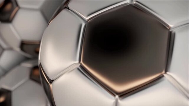 チタン製サッカーボールのパネル構造と金属表面の静止映像、インダストリアルやテクノロジー背景用