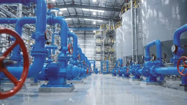 Industrial pump room with blue pipes and valves in large warehouse factory building cinematic movement through chemical processing facility machine.