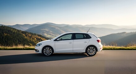 Obraz premium White compact hatchback car driving on scenic mountain road at golden hour