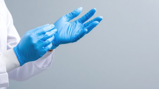 Hand Wearing Blue Latex Glove: A close-up shot shows a hand putting on a blue latex glove, a common practice in medical and scientific settings for protection and hygiene.