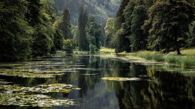 Serene river landscape with water lilies and lush green forest reflection