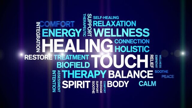 Healing Touch animated word cloud-text design animation tag kinetic typography seamless loop.