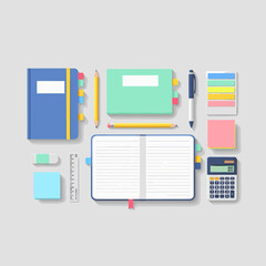 Fototapeta premium A flat lay arrangement of various stationery items including notebooks, pens, pencils, sticky notes, a ruler, an eraser, and a calculator, all organized on a plain gray background.