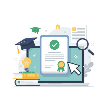 A laptop displaying an online certificate with a graduation cap, books, and a lightbulb, symbolizing e-learning and academic achievement.