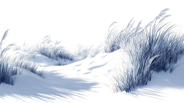 Winter reeds on snow-covered dunes; tranquil winter landscape; digital art; background image