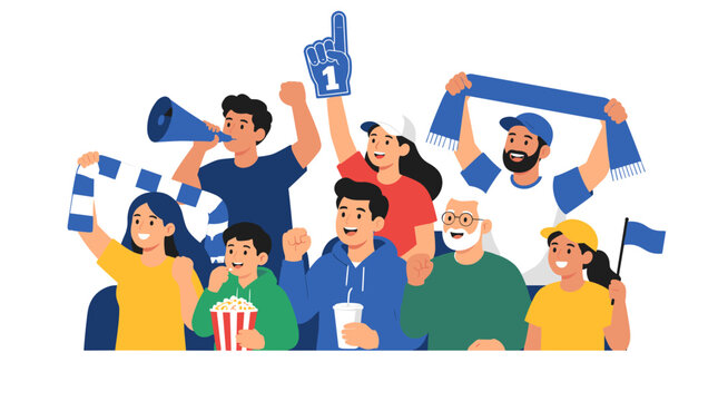 Energetic cheering crowd of diverse supporters.