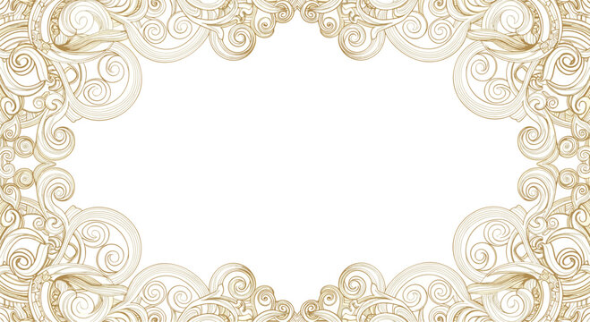 Elegant gold vintage ornamental frame with intricate swirling scrolls and baroque patterns forming a decorative border on white.