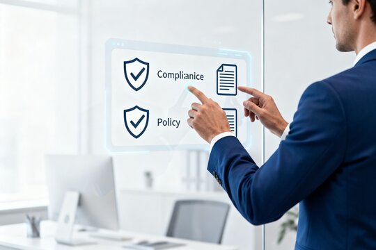 Businessman interacting with digital compliance interface
