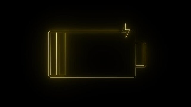 Neon battery charging icon with lightning bolt charging, neon electric flash symbol technology energy power lightning indicator animation on black background 4k video ....