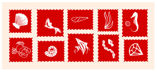 Red Nautical Postage Stamp Icon Set with Sea Shells and Mermaid Vector, Ocean Theme Vintage Stamp Template Collection for Summer Posters, Minimalist Marine Life Sticker Set with Sea horse © Jahid