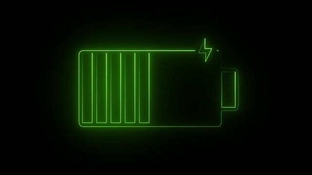 Abstract glowing neon battery charging  animation on black background .futuristic technology concept on animation video....