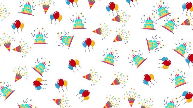 : Cute flat cartoon seamless pattern background featuring birthday cakes, colorful balloons, and party poppers on a white backdrop. Perfect for kids' party banners and festive animation
