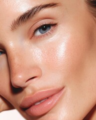 Fototapeta premium Woman glowing skin closeup nude lips blue eyes beauty portrait