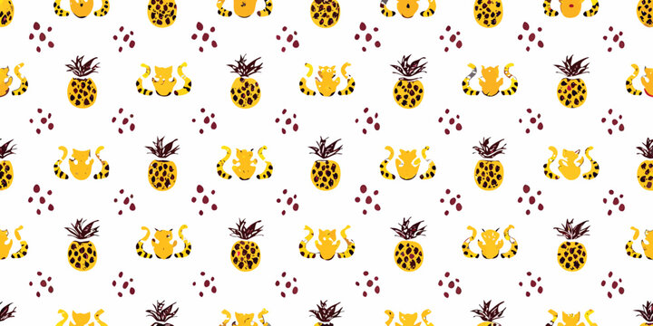 Pineapple and cat pattern playful repeating design on white background