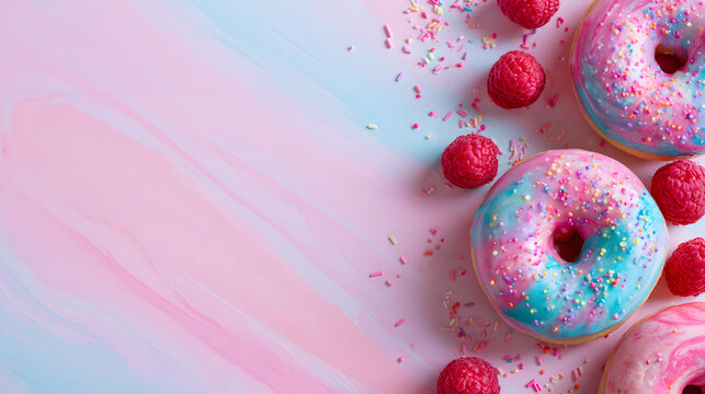 Colorful frosted donuts with pastel copy space and cheerful commercial bakery appeal